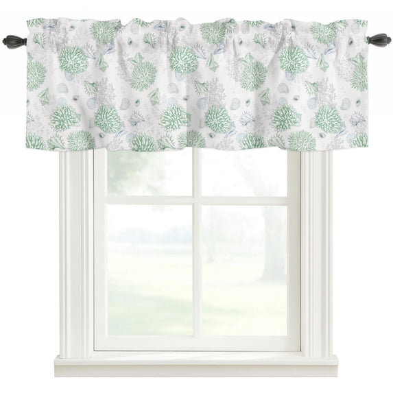 Conch Shell Fod Green Gray Coastal Rod Pocket Curtain Valance, Summer Beach Ocean Coral ...