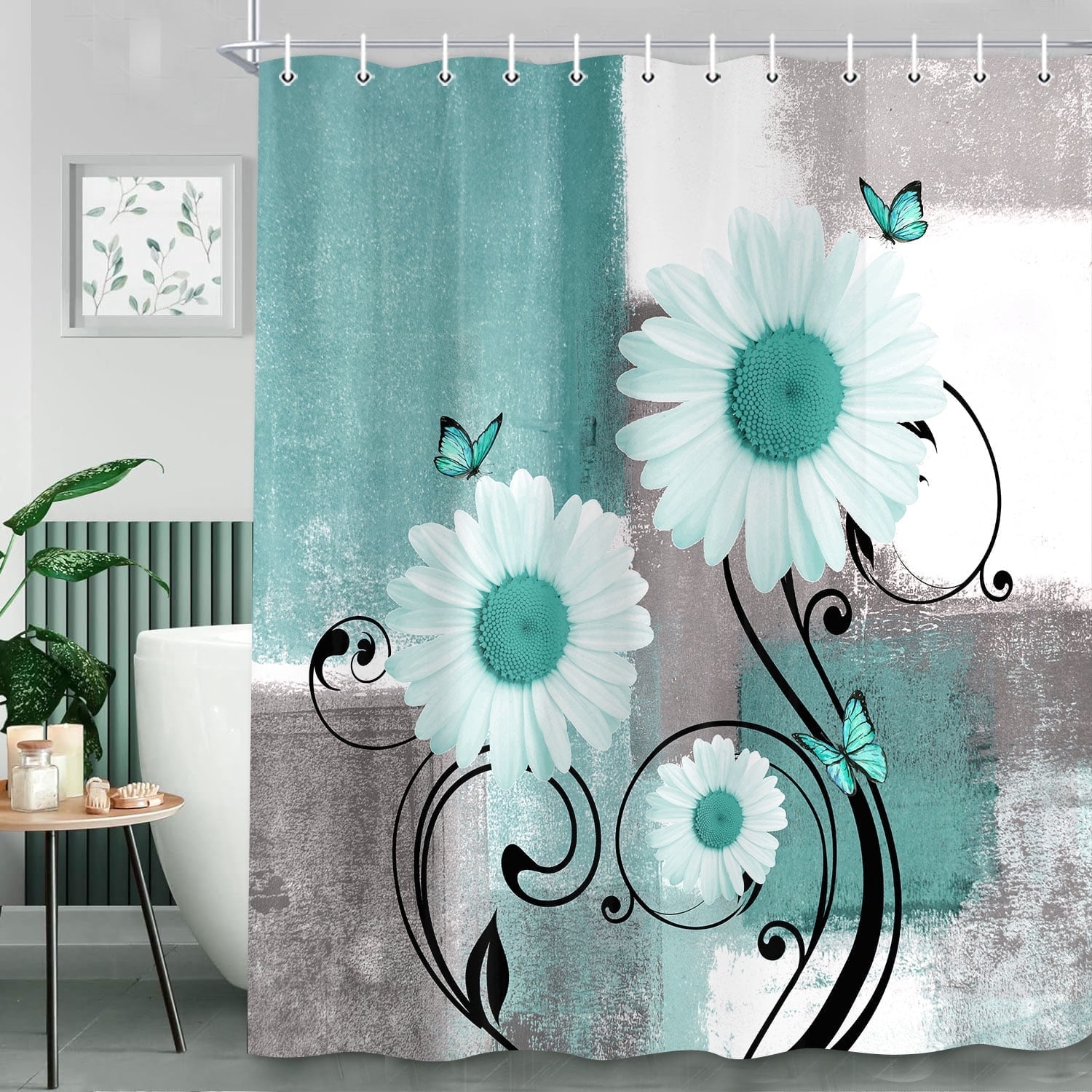 Farmhouse Daisy Shower Curtain - Green Gray Abstract Floral Bathroom Decor with White Flowers, Washable Fabric Modern Design, 54x70 Inch