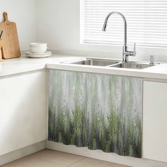 Green Gray Gradient Cabinet Curtains for Kitchen 10"W x 11"L, Modern Abstract Industrial Wall Texture Under Sink Skirt Magic Tape Short Curtain Decorative Privacy Panel for Bathroom Laundry