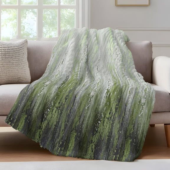 Green Gray Gradient Throw Blanket for Couch Modern Abstract Industrial Wall Texture Soft and Warm Flannel 3D Striped Fluffy Fuzzy Fleece Blanket Lightweight Throw for Bed, Sofa 30 x 40 Inches
