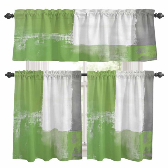 Green Gray Kitchen Curtains Valances and Tiers Set of 3 White Graffiti Mottled Color Blocks Abstract Art Tier Curtains and Valance with Rod Pocket for Small Windows, 27.5"x24"