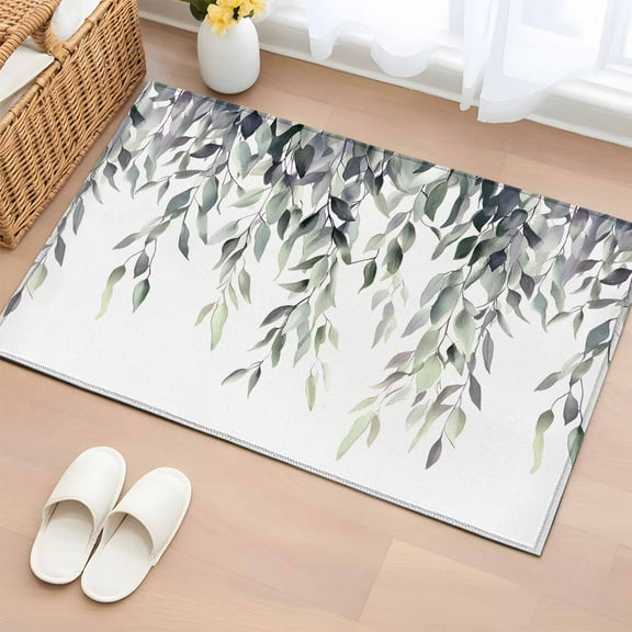 Green Gray Leaves Bathroom Rug Washable 2x3 Entryway Rug Non Slip Vintage Rustic Botanical Vines Branches Front Door Mat Low Pile Indoor Doormat Throw Floor Carpet for Kitchen Bedroom Entrance