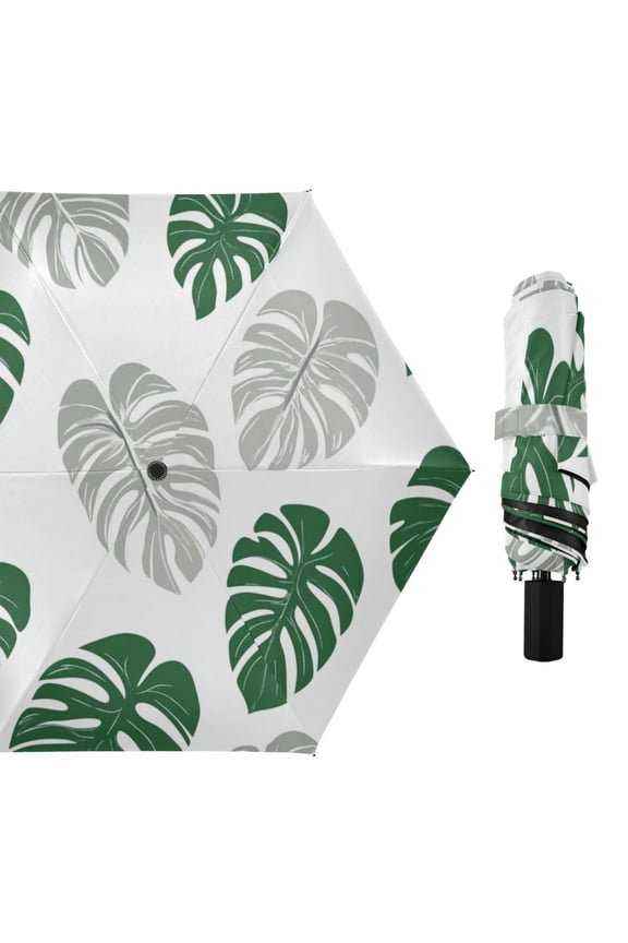 Green Gray Monstera Leaves All Weather Umbrella Triple Folding Parasol 6 Ribs UV Protection Portable