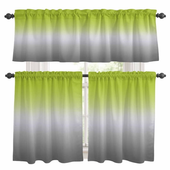 Green Gray Ombre Kitchen Curtains Sets for Windows 24 Inch Length, Modern Gradient Abstract Art Rod Pocket Window Treatments Tier Curtains and Valances Set for Bedroom/Bathroom