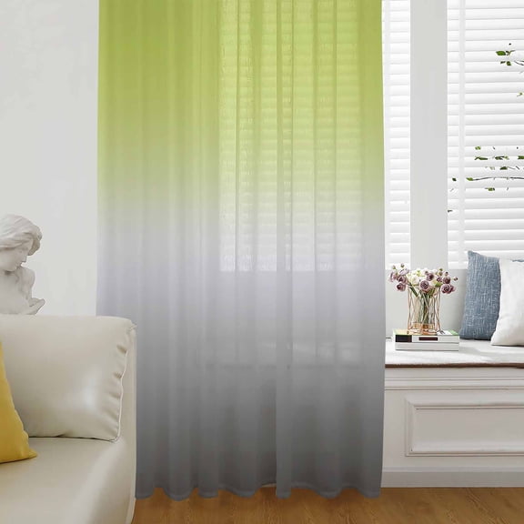 Green Gray Ombre Semi Sheer Curtains Drapes for Living Room, Bedroom, French Doors Window 45 Inches Long, Modern Gradient Abstract Art Rod Pocket Chiffon Curtain Drapery Voile Draperies Panel