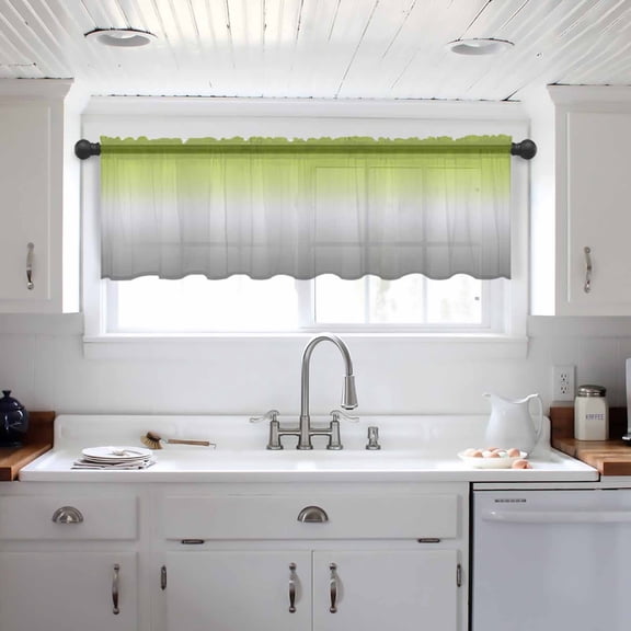 Green Gray Ombre Valance Curtains for Kitchen/Living Room/Bathroom/Bedroom Window, Modern Gradient Abstract Art Rod Pocket Small Topper Half Short Window Curtains Voile Sheer Scarf 42"x18"