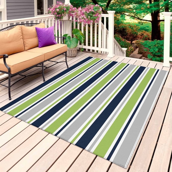 Green Gray Striped Outdoor Rug 3x5 Ft, Non Slip Washable Area Rug, Farmhouse Stripes Modern Abstract Art Patio Rugs Carpet Runner, Large Floor Mat for Indoor/Outdoor Deck Porch Camping