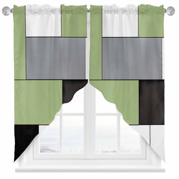 Green Gray Swag Curtain Valance for Windows, Abstract Color Block Window Treatments Short Swag Topper for Kitchen Windows Bathroom Bedroom, 36"x36"