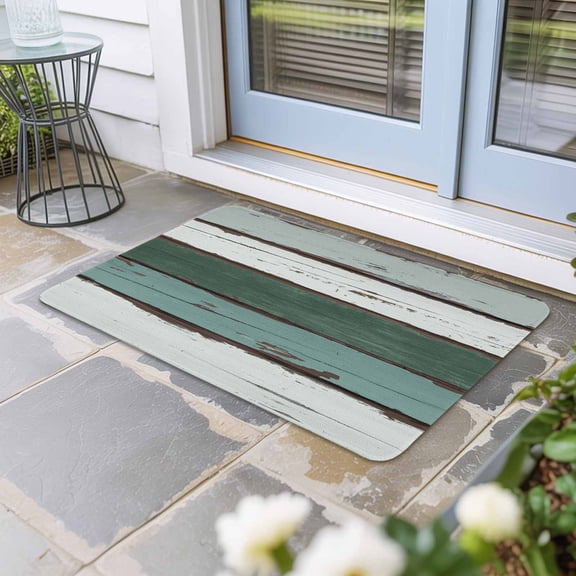 Green Gray White Door Mat Indoor Outdoor, Country Vintage Gradient Wooden Plank Non Slip Welcome Mat with Rubber Backing, Absorbent Fabric Front Door Mats Entryway Rug for Home Patio Entrance 16"x24"