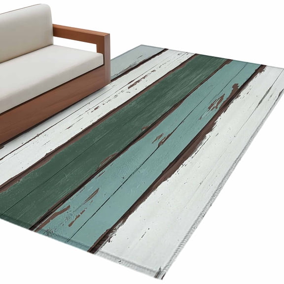 Green Gray White Living Room Rug 4x6 Washable Area Rug for Bedroom, Non-Slip Dining Room Rugs Country Vintage Gradient Wooden Plank Indoor Carpet for Kitchen Entryway Office Nursery Laundry