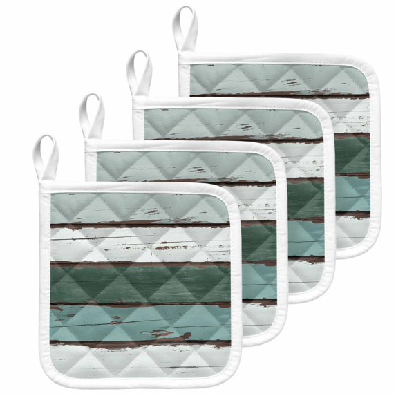 Green Gray White Pot Holders for Kitchen Heatproof Potholder, 4 Pack Country Vintage Gradient Wooden Plank Hot Pads Multipurpose Oven Pads Cloth Potholders Trivet for Cooking and Baking