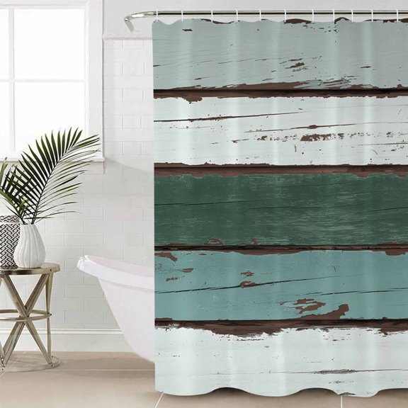 Green Gray White Standard Shower Curtain Set, Waterproof Shower Curtains for Bathroom, Country Vintage Gradient Wooden Plank Washable Fabric Cloth Bath Curtain for Bathtub with Hooks 72x72 Inches