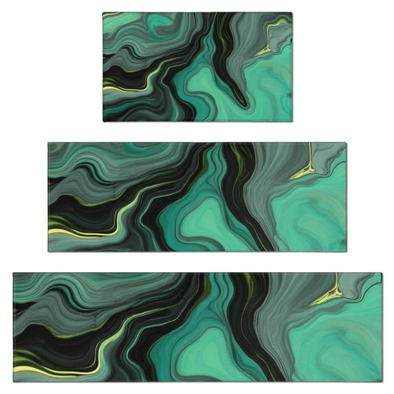 Green Gray Yellow Marble Pattern Kitchen Rugs Sets Of 3,Kitchen Runner Rugs Non Skid Washable,Decorative Kitchen Floor Mats for Kitchen,Sink,Laundry,17"x30"+ 17"x47" + 17"x59"