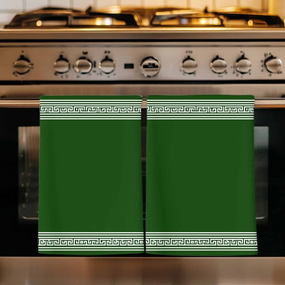 Green Greek Key Kitchen Towels Set of 3, Geometric Greece Ancient Farmhouse Geo Absorbent Dish Towels for Kitchen, Microfiber Hand Towel, Quick Drying Tea Towel for Cleaning Decorative Dishcloths
