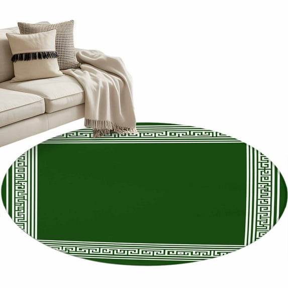 Green Greek Key Large Area Rugs for Bedroom Living Room, Soft Non Slip Carpet Bedside Rug, Geometric Greece Ancient Farmhouse Geo Round Floor Cover Kitchen Accent Rug 3.3' for Dining Room/Office