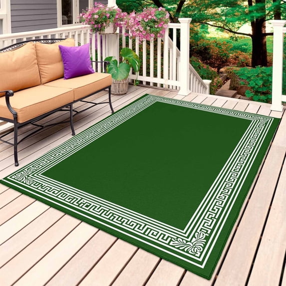 Green Greek Key Outdoor Rug for Patio/Deck/Porch, Non-Slip Large Area Rug 4 x 6 Ft, Geometric Greece Ancient Farmhouse Geo Indoor Outdoor Rugs Washable Area Rugs, Reversible Camping Rug Carpet Runner