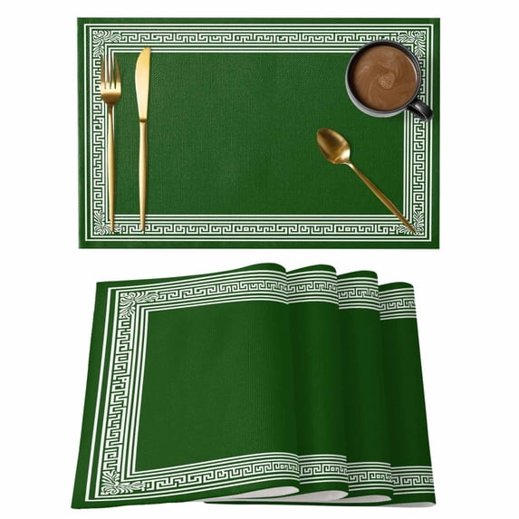 Green Greek Key Placemats Set of 12,Cotton Linen Fabric Place Mats,Geometric Greece Ancient Farmhouse Geo Washable Decorative Table Mats Protector for Home Kitchen Dining Wedding Party Coffee Tables