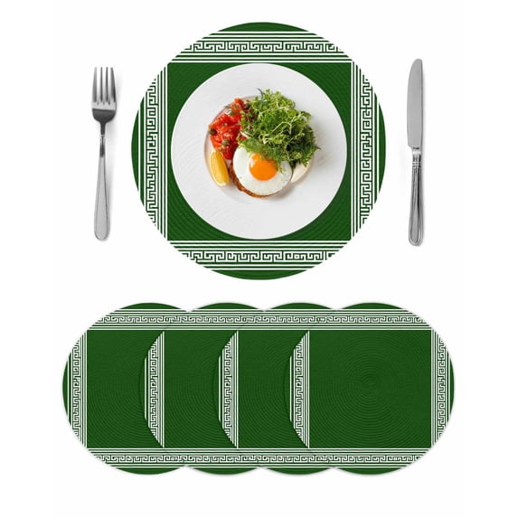 Green Greek Key Round 13 Inch Placemats Set of 4, Geometric Greece Ancient Farmhouse Geo HeatResistant Non Slip Place Mats for Dining Table, Wipeable Braided Kitchen Table Mats for Housewarming