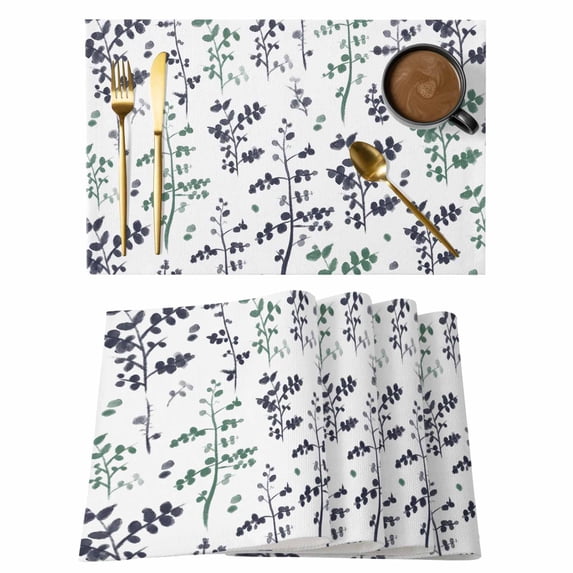 Green Grey Botanical Placemats Set of 6, Watercolor Spring Floral Summer Leaf Placemats for Dining Table, Place Mats for Kitchen Tabletop, Waterproof Wipeable Dining Table Mats Set
