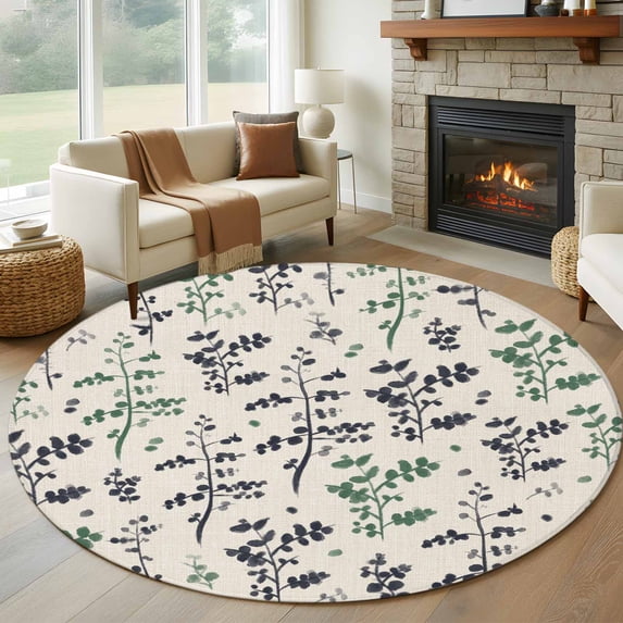 Green Grey Botanical Round Area Rug 5Ft Washable Circle Rugs for Living Room Bedroom, Rustic Country Spring Floral Summer Leaf Non-Slip Carpet Floor Mats Indoor Outdoor Carpet Runner Home Decor