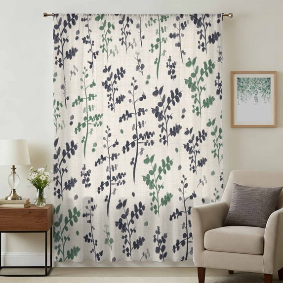 Green Grey Botanical Sheer Curtains 54 Inches Long, Rustic Country Spring Floral Summer Leaf Light Filering Curtains, Breathable Simi Curtain Privacy Drapes for Kitchen Bathroom Window Treatment
