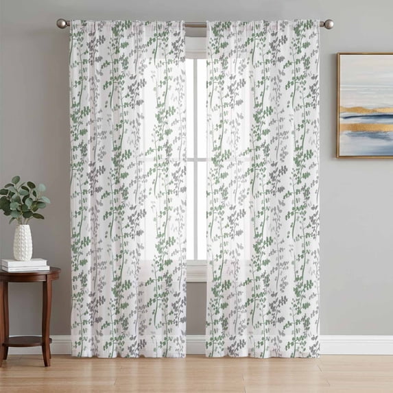 Green Grey Botanical Sheer Curtains 63 Inch Length 2 Panels Set Window Treatments, Spring Floral Summer Farmhouse Rod Pocket Semi Curtains for Living Room/Bedroom/Kitchen Décor, 104"W x 63"L