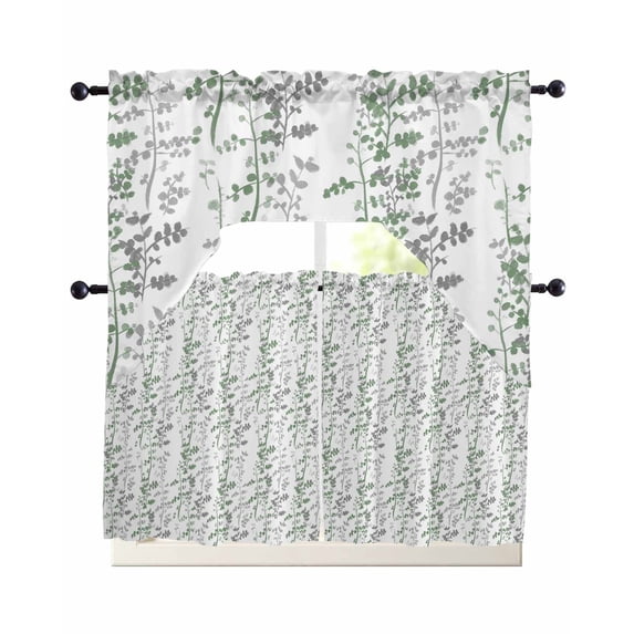 Green Grey Botanical Swag Curtains for Living Room/Bedroom Windows, Spring Floral Summer Farmhouse Kitchen Curtains and Valances Set 36 Inch Length, Light Filtering Swags Valance Curtain Panels