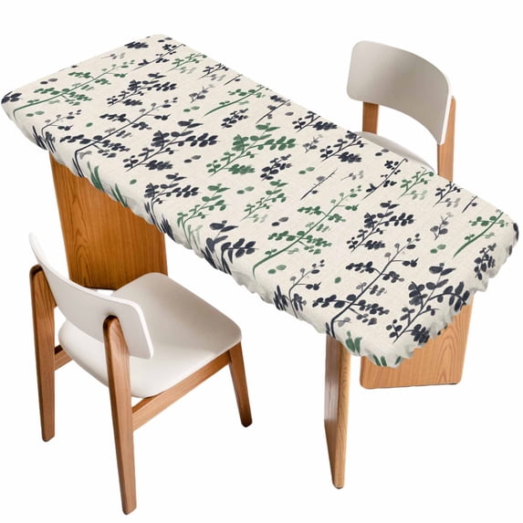 Green Grey Botanical Table Cloths for 8 Foot Rectangle Tables, Rustic Country Spring Floral Summer Leaf Patio Waterproof Elastic Fitted Tablecloths, Washable Rectangular Table Cover for Camping