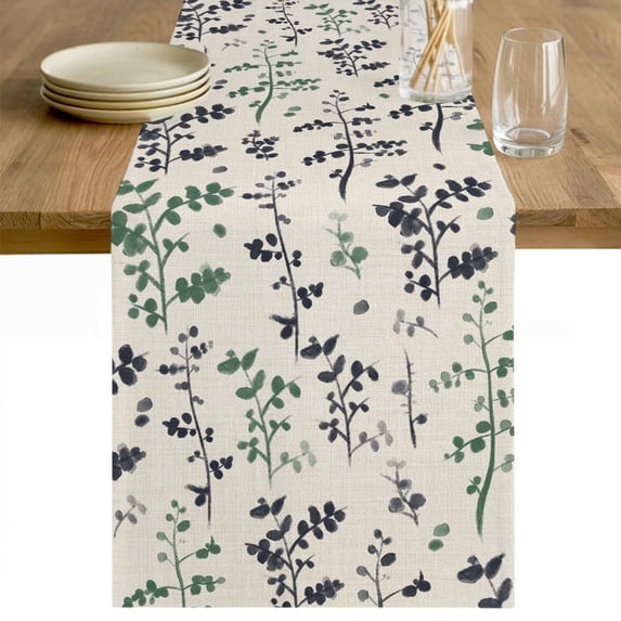 Green Grey Botanical Table Runner - 36 Inch Long Rustic Country Spring Floral Summer Leaf Cotton and Linen Blended Dress Scarves Farmhouse Table Runner for Kitchen Dining, Coffee Table, 13" x 36"