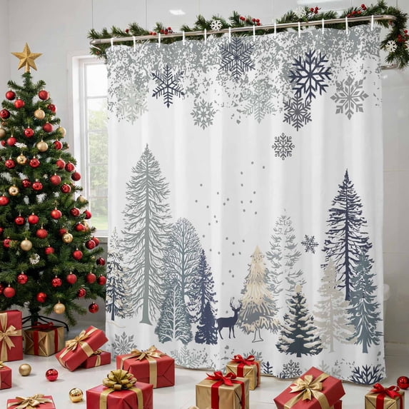 Green Grey Christmas Shower Curtains for Bathroom, Xmas Tree Forest Snowflake Winter Elk Waterproof Fabric Shower Curtain, Decorative Bathroom Curtain for Bathtub, 36"x72", No Hooks Included