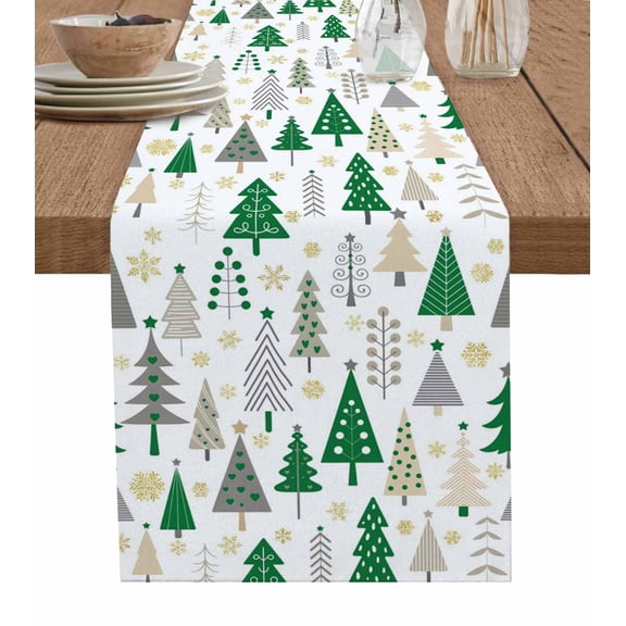 Green Grey Christmas Table Runner 60 Inches, Xmas Tree Snowflake Winter Bed Runner Dresser Scarves Tabletop for Indoor Outdoor Parties/Ceremony/Banquet, 13" x 60"