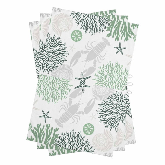 Green Grey Coastal Kitchen Towels Set of 3, Water Absorbent Dish Towel, Summer Lobster Coral Nautical Decorative Hand Towels - Quick Drying Cloth for Cooking Baking, 18x28 Inch