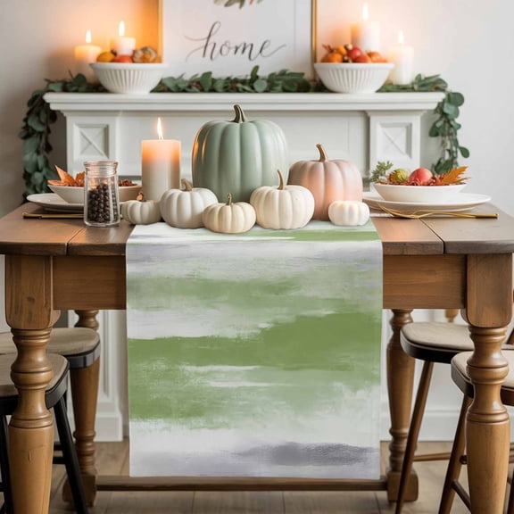 Green Grey Cotton Linen Table Runner, Washable Table Runners for Kitchen, Dining Room, Holiday, Home Party Table Decor, 13x60 Inches