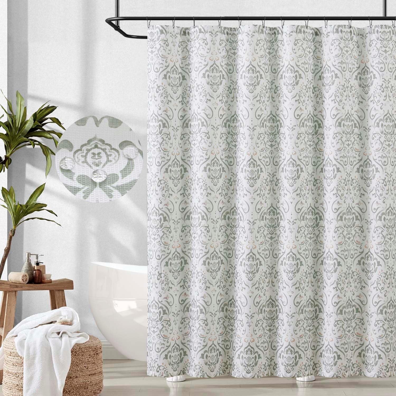 Green Grey Floral Shower Curtain, Medallion Damask Farmhouse Shower Curtains for Bathroom, Watercolor Retro Vintage Pattern Waterproof Fabric Shower Curtain, Bath Decor with Hooks 70x72 Inch