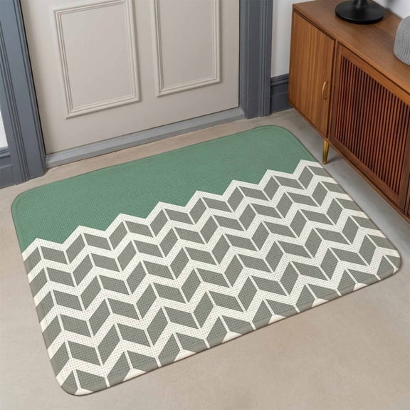 Green Grey Front Door Mat Indoor Entrance, Herringbone Abstract Absorbent Dirt Resist Welcome Mats Non-Slip Low-Profile Doormat Washable Entry Rug Indoor Outdoor 32X47 Inch