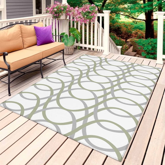 Green Grey Geometric Outdoor Rug for Patio/Deck/Porch, Non-Slip Large Area Rug 3 x 5 Ft, Abstract Modern Twisted Lines Art Indoor Outdoor Rugs Washable Area Rugs, Reversible Camping Rug Carpet Runner