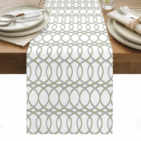 Green Grey Geometric Table Runner - 60 Inch Long, Kitchen Dining Table Runner Dresser Scarves, Abstract Modern Twisted Lines Art Farmhouse Decor for Coffee Tables Wedding Party Banquet