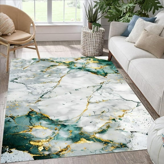 Green Grey Gold Lux Marble Pattern Modern Abstract Large Rug for Living Room Bedroom Washable Soft Fuzzy Big Rug Under Diningroom Table Unique Aesthetic Home Office Guestroom Floor Carpet 2'x3'