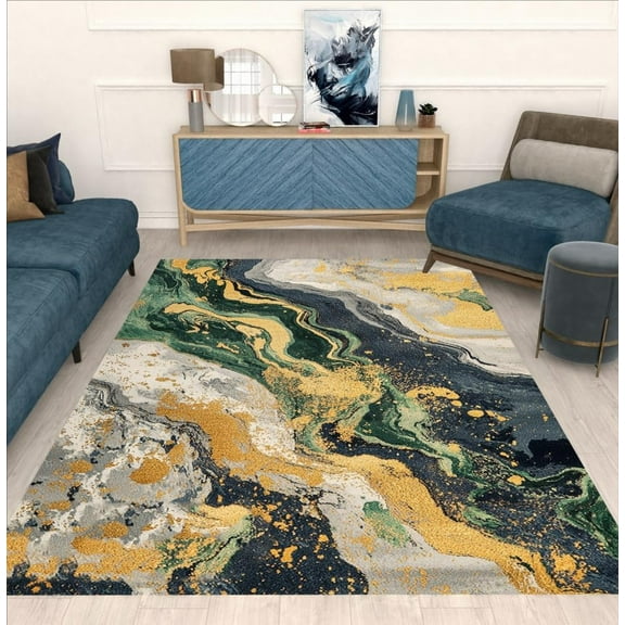 Green Grey Gold Marble Texture Modern Abstract Aesthetic Area Rug Washable Soft Unique Deco Rug For Livingroom Bedroom Diningroom Luxury Home Office Dorm Indoor Floor Carpet 1x2ft