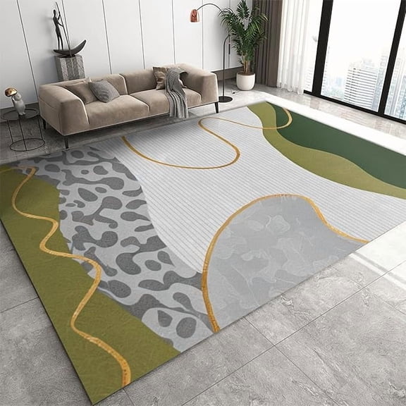 Green Grey Irregular Wavy Stripes Area Rug,Light Luxury Emerald Green Art Home Decor Rug, Machine Washable Breathable Durable Carpet for Living Room Front Entrance Floor Decor 5 x 8ft