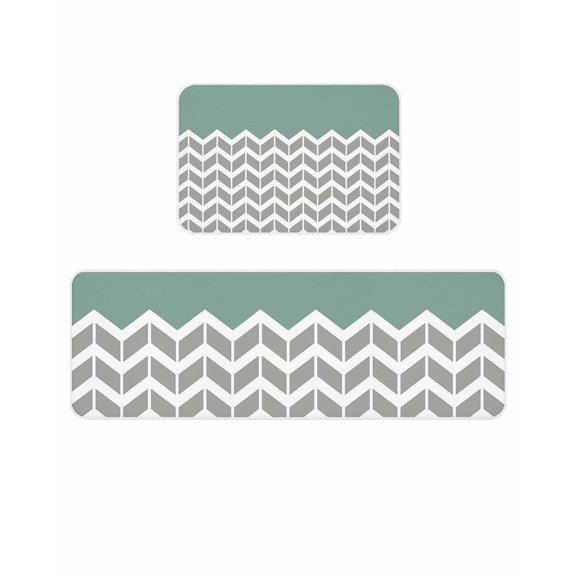 Green Grey Kitchen Mats for Floor 2 Piece, Herringbone Abstract Absorbent Non-Slip Kitchen Rugs Comfort Standing Mat for Laundry, Hallways 20"x24"+20"x48"
