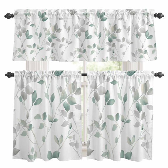 Green Grey Leaf Kitchen Curtains Valances and Tiers Set of 3 Country Watercolor Green Leaves Branches Tier Curtains and Valance with Rod Pocket for Small Windows, 27.5"x24"