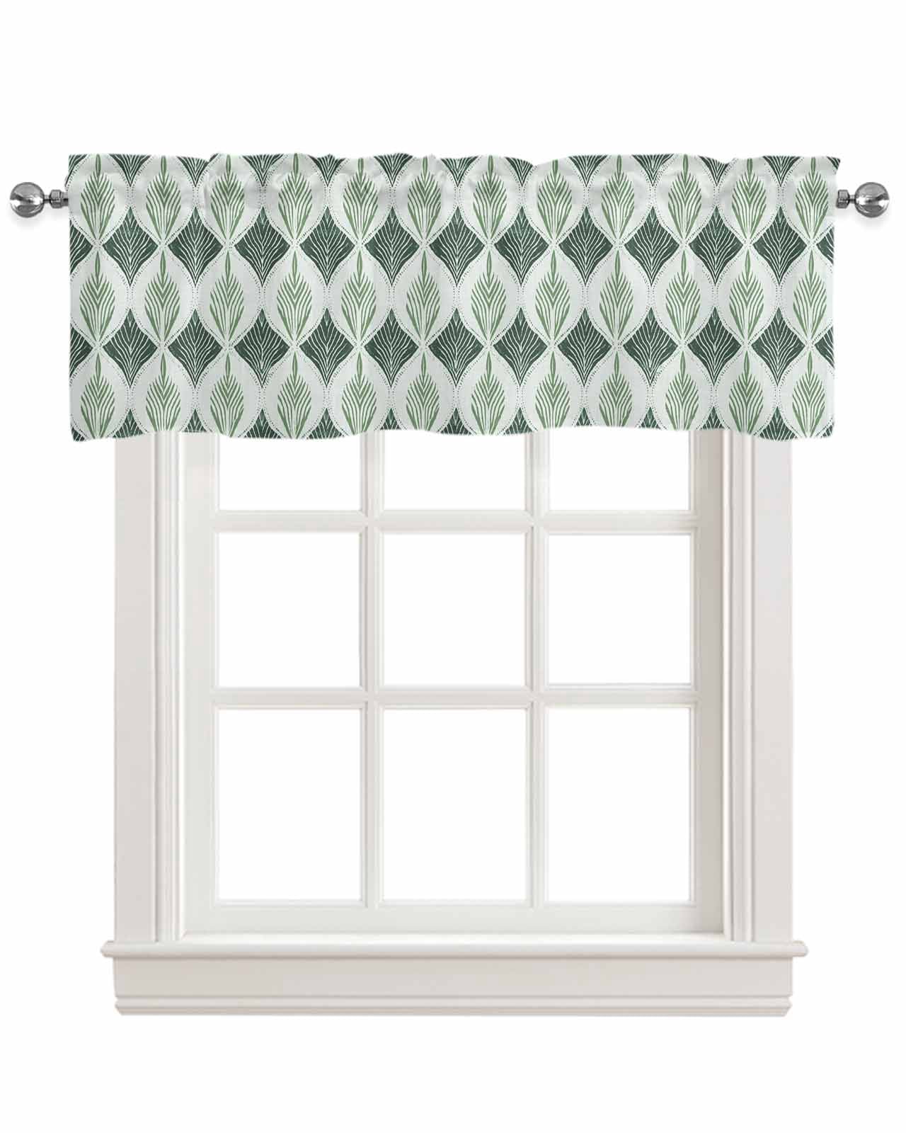 Green Grey Linen Curtain Valance for Bedroom/Bathroom/Kitchen/Office/Living/Dining Room Windows,Contemporary Abstract Geometric Art Rod Pocket Topper Drapes Decorative Cafe Drapery Panel 60x18