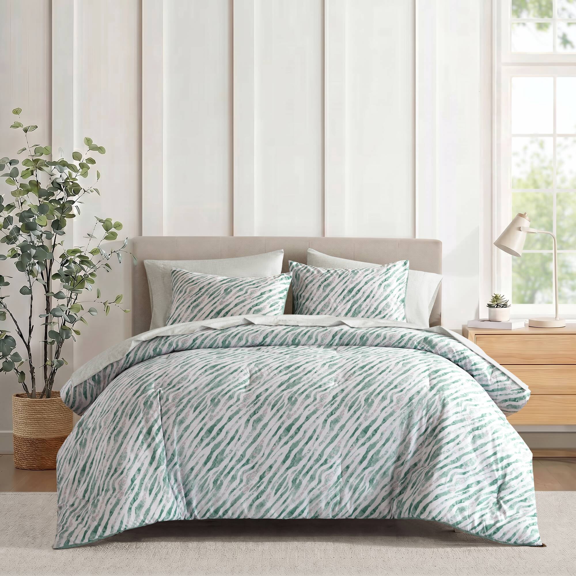 Green Grey Marble Stripe 7-Piece Bedding Set with Comforter Shams Flat Sheet Fitted Sheet Pillowcases, All-Season Polyester Microfiber Complete Bedding Bundle for Modern Bedroom