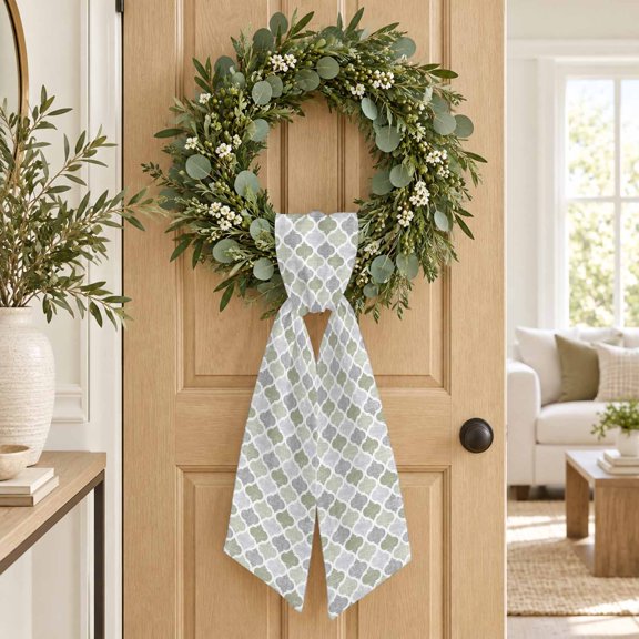 Green Grey Moroccan Tiles Wreath Sash, Vintage Geometric Blocks Pattern Decorative Ribbon Wreath Sash for Front Door, Porch Indoor Holiday Decor