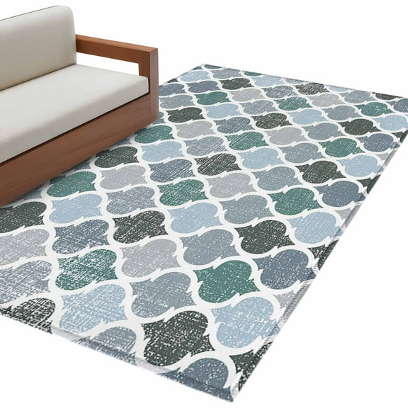 Green Grey Morocco Pattern 3'x5' Washable Rug, Turquoise Modern Moroccan Geometric Non-Slip Area Rugs for Entryway Kitchen Classroom, Dorm Throw Carpet, Low Pile Soft Indoor Floor Mat