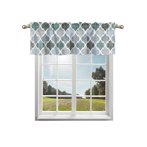 Green Grey Morocco Pattern Kitchen Curtain Valances for Windows Farmhouse Short Curtains, Turquoise Modern Moroccan Geometric Rod Pocket Valance Curtain for Bedroom Cafe Living Room 54"x18"