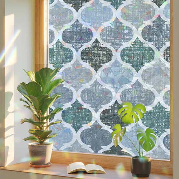 Green Grey Morocco Pattern Privacy Window Film,Decorative Stained Glass Window Film,Turquoise Modern Moroccan Geometric Resuable Rainbow Static Cling for Bathroom Living Room Glass Door 17.7"x39.3"