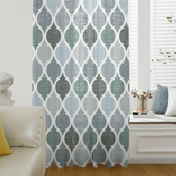 Green Grey Morocco Pattern Semi Sheer Curtains Drapes for Living Room,Bedroom,French Doors Window 45 Inches Long,Turquoise Modern Moroccan Geometric Rod Pocket Chiffon Curtain Drapery Voile Panel