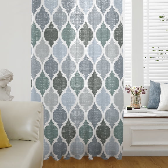 Green Grey Morocco Pattern Semi Sheer Curtains Drapes for Living Room,Bedroom,French Doors Window 84 Inches Long,Turquoise Modern Moroccan Geometric Rod Pocket Chiffon Curtain Drapery Voile Panel